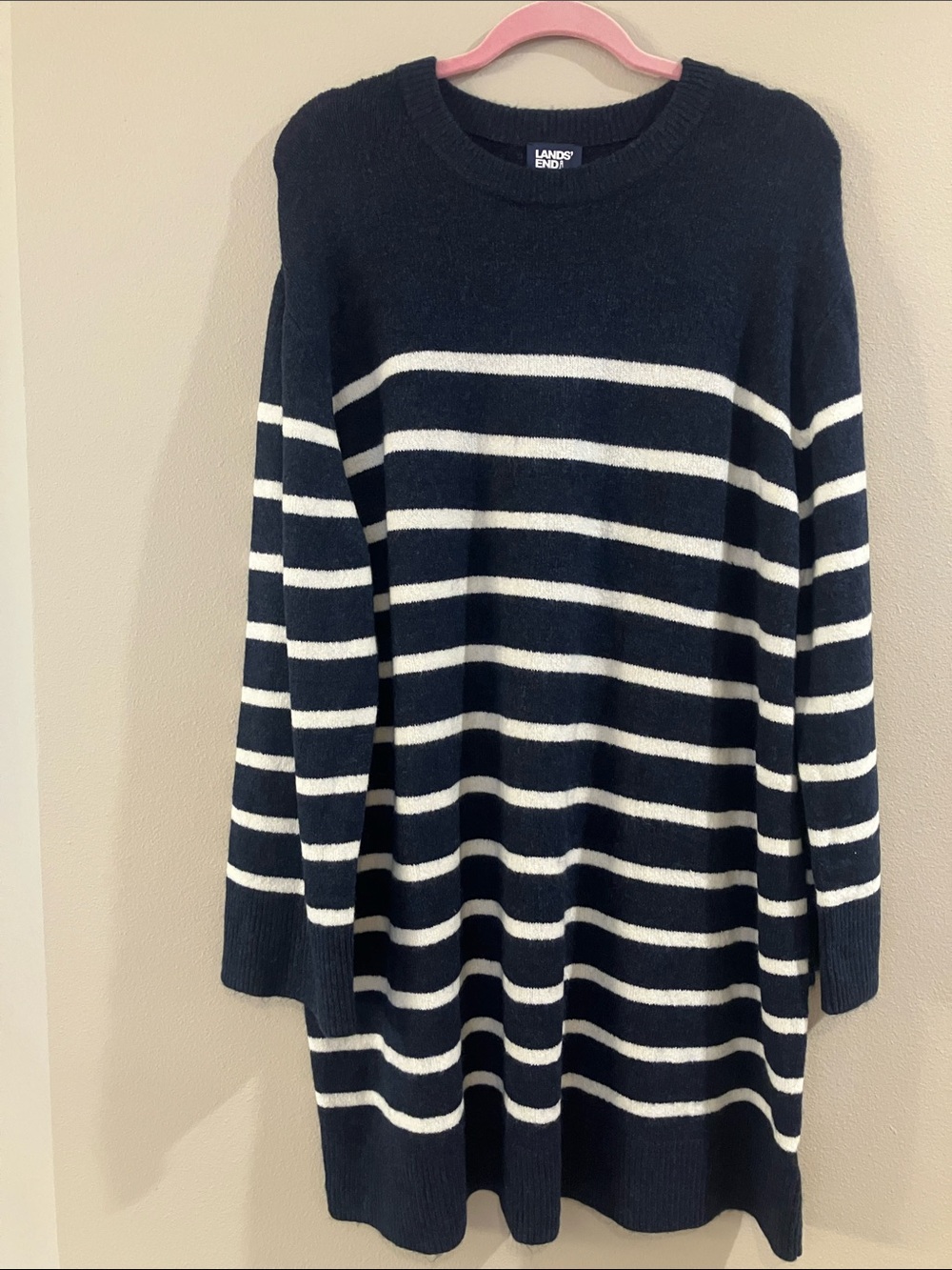 Lands' End Navy and White Striped Knit Sweater Dress